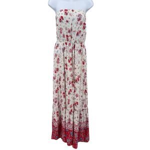 BeBop Maxi Dress White Red Womens S Floral Tiered Sundress Strapless Boho Summer